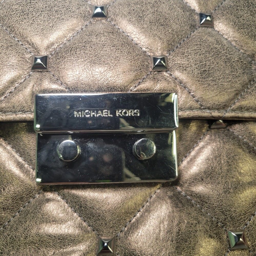 Michael Kors Sloan Metallic Bronze Quilted Leather Studded Chain Crossbody Bag - Picture 2 of 13